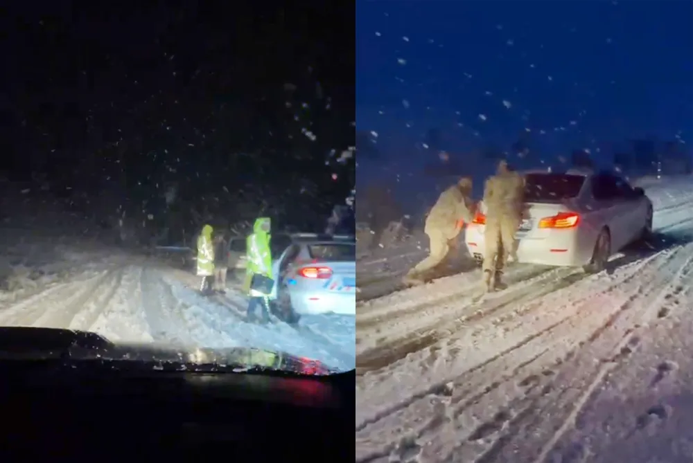 YOĞUN KAR YAĞIŞI KAZANAN RAMPASINI KİLİTLEDİ: JANDARMA ARAÇLARI KURTARDI