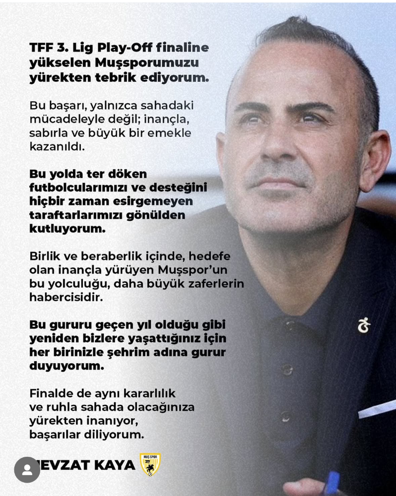 Nevzat Kaya’dan Muşspor’a Play-Off Finali Tebriği